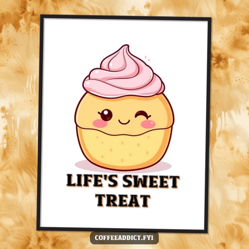 Funny Kawaii Pastry Poster depicting a cute dessert character with a delighted swirl of frosting, adding sweet and humorous art.