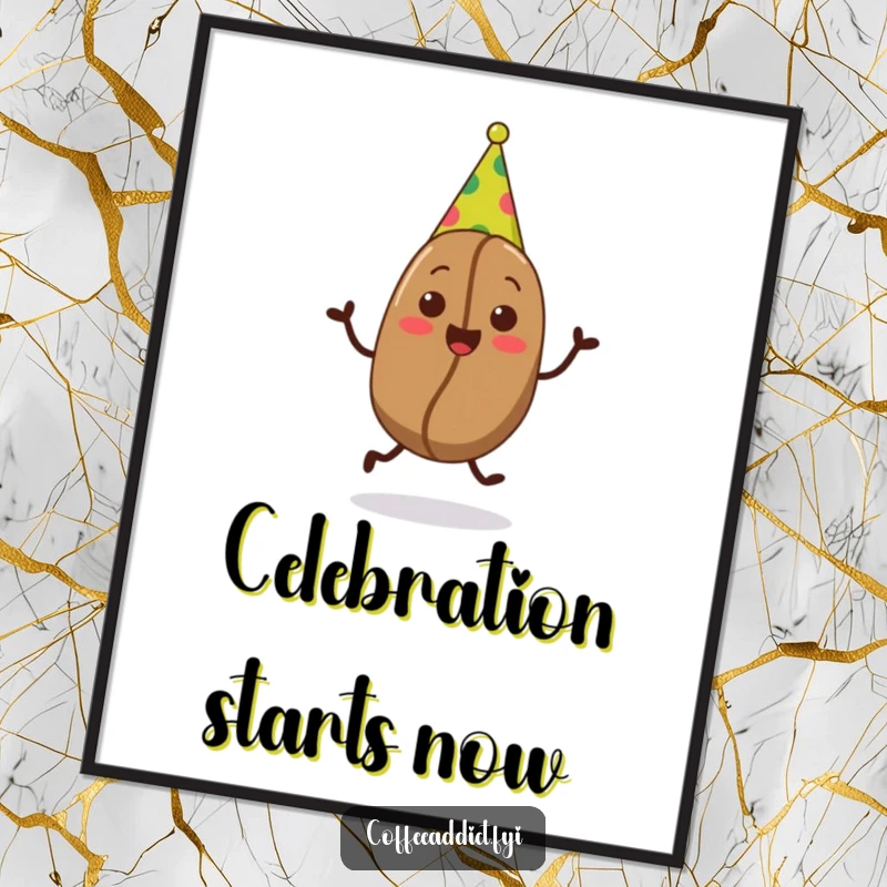 Funny wall art print of a coffee bean in a party hat doing a joyful jig, adding a festive and humorous focal point.