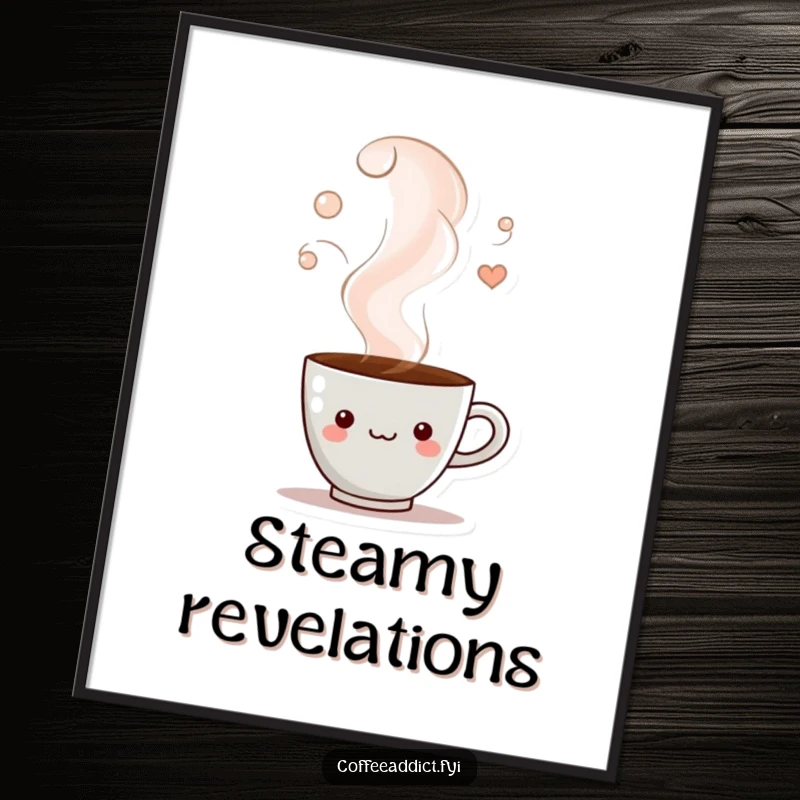 Funny poster featuring a coffee cup character peeking from a swirling steam cloud, creating an atmospheric and intriguing visual.