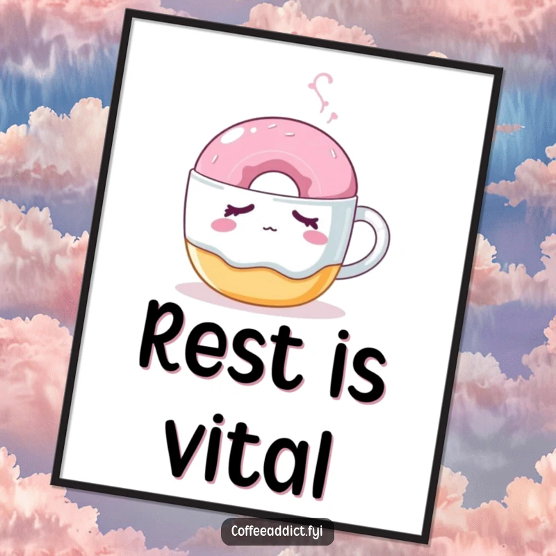 Funny poster of a sleepy donut being nudged by a steaming coffee mug, adding cozy humor to wall decor.