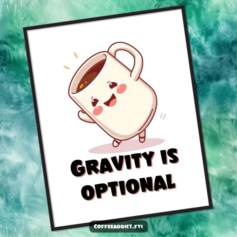 Funny wall decor print of a coffee mug in a dynamic, happy somersault, adding visual humor and energy to any room.