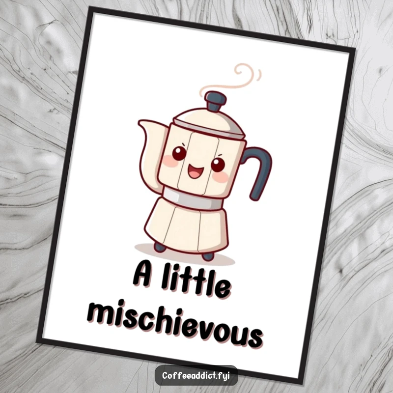 Funny wall art print of a steaming coffee pot character playfully tipping, adding a whimsical and humorous focal point.