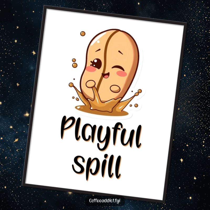 Funny coffee bean character winking slyly while splashing a tiny amount of liquid with a mischievous expression on a wall poster.