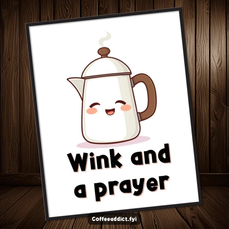 Funny poster print of a steaming coffee pot character winking energetically, radiating cheerful and warm vibes.