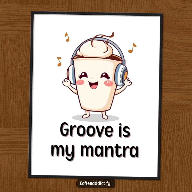Funny coffee cup character in headphones, dancing ecstatically to unseen music, a vibrant and humorous poster design.