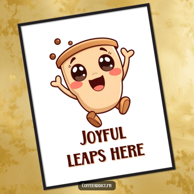 Funny poster of an excited kawaii coffee character performing a dynamic, joyful leap, perfect for happy decor.