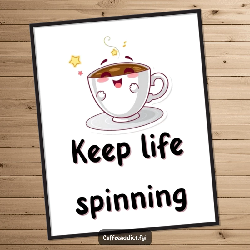 Funny poster showcasing a coffee saucer character spinning with pure delight, adding a dynamic touch.