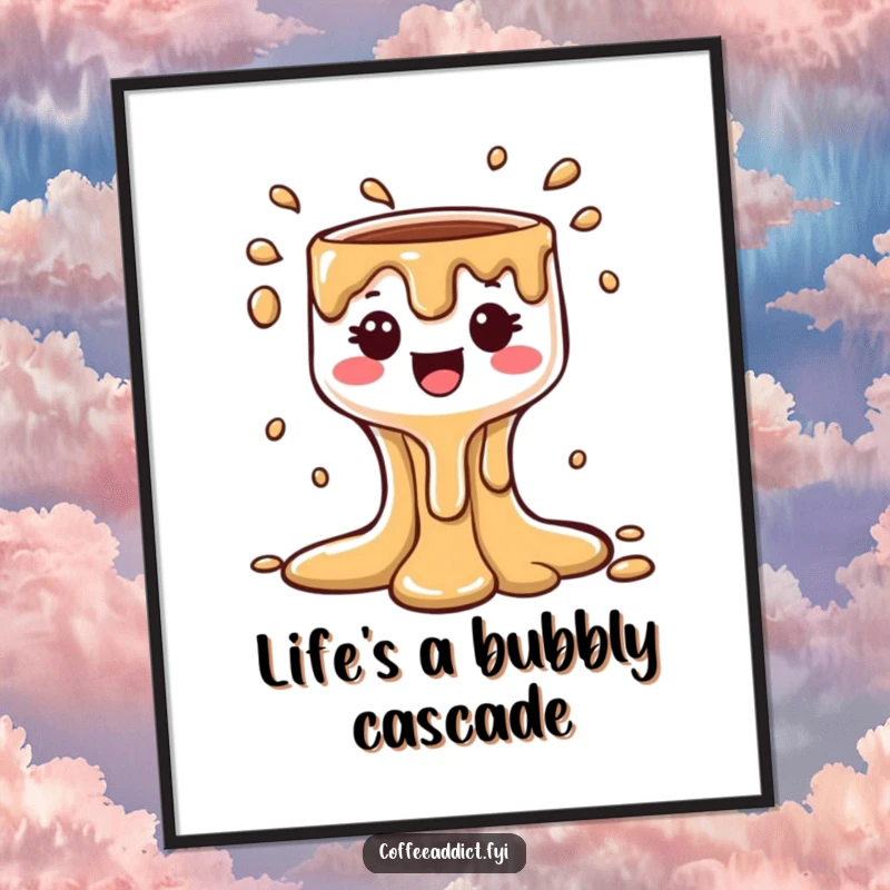 Funny Kawaii Coffee Drip Poster showcasing a happy character in a bubbly cascade, adding a humorous and cheerful touch to wall art.