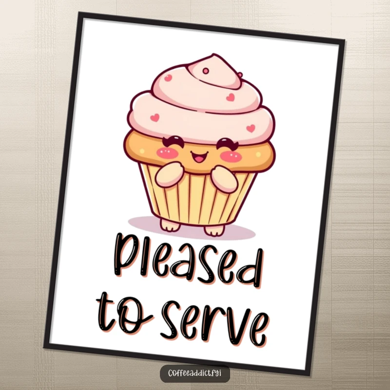 Funny Kawaii muffin poster showing a character doing a pleased little bow, adding sweet charm to any wall.