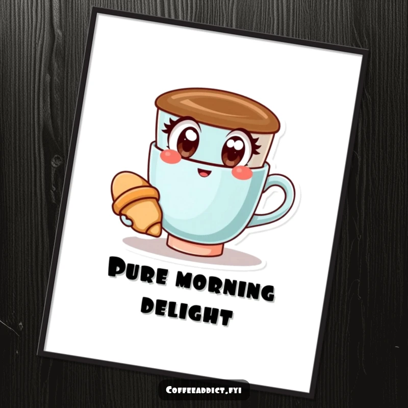 Funny Kawaii Coffee Cup Poster: Happy coffee cup with wide eyes holding a croissant, a cheerful design for wall decor.
