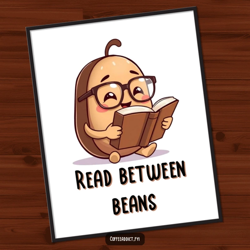 Funny Poster: Coffee bean character with spectacles, diligently reading an oversized book, creating a humorous and intellectual display.