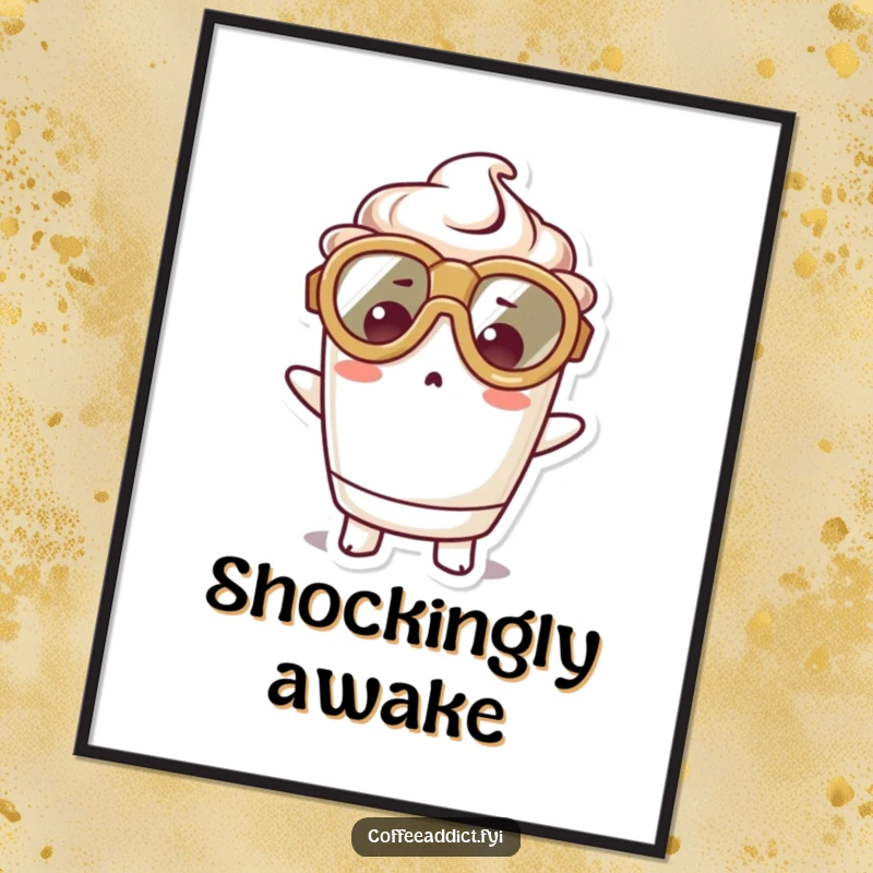 Funny poster of a kawaii coffee cup character in oversized goggles, looking hilariously surprised, adding a touch of cute shock.