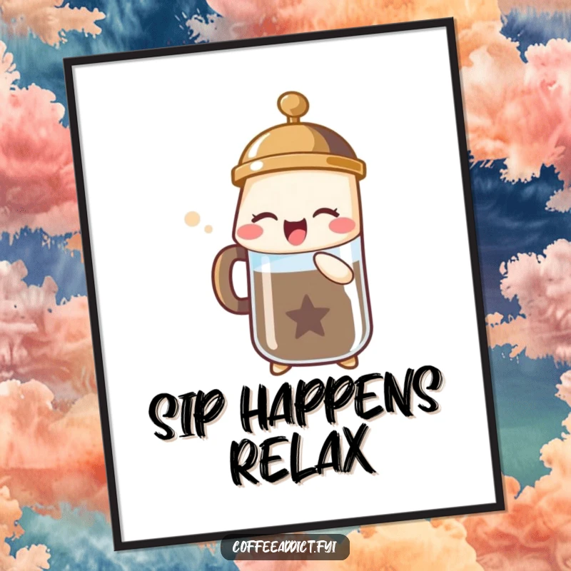 Funny poster depicting a French press character releasing a bubbly sigh of joy, adding humor to wall decor.