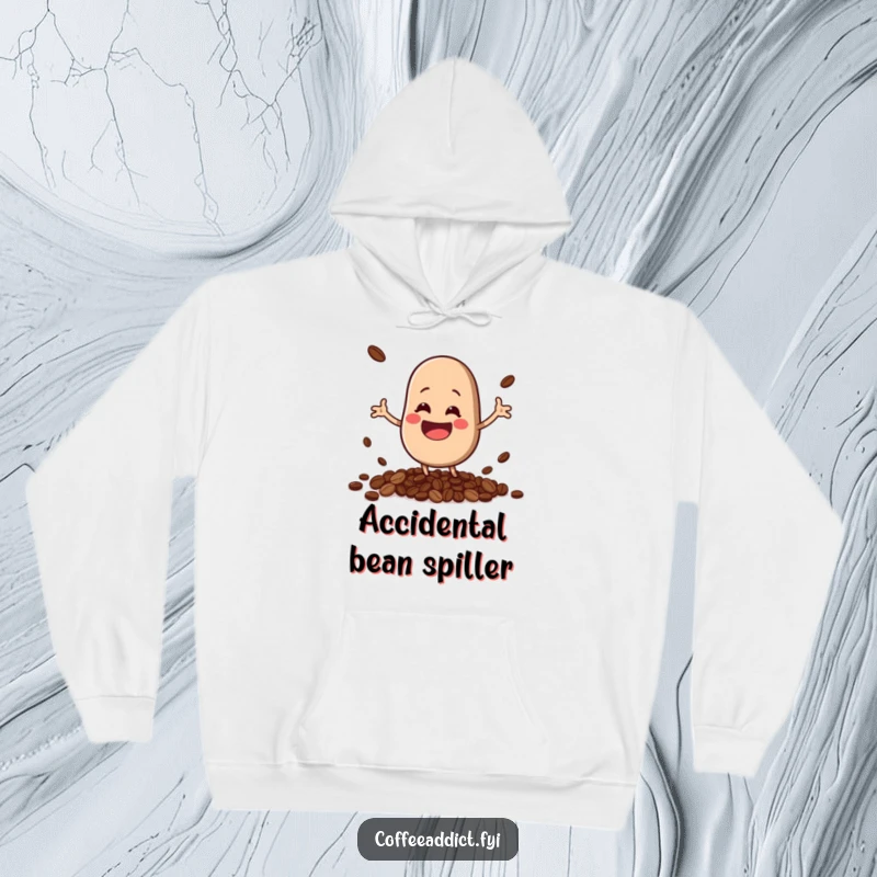 Funny kawaii coffee bean character joyfully spilling beans, designed on a warm, comfortable hoodie for ultimate coziness.
