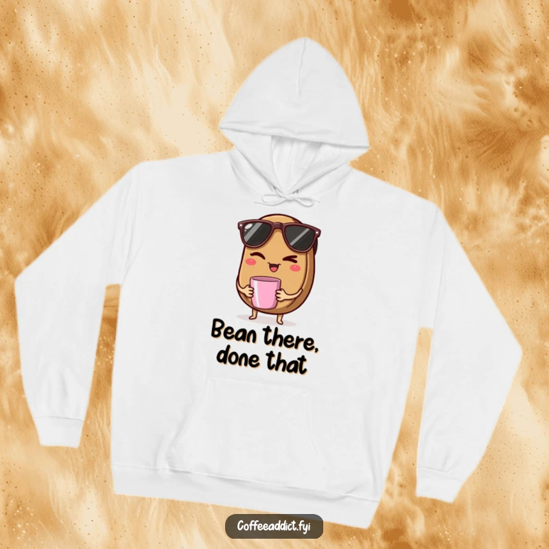 Funny hoodie depicting a nonchalant coffee bean with sunglasses, winking while holding a miniature coffee mug.
