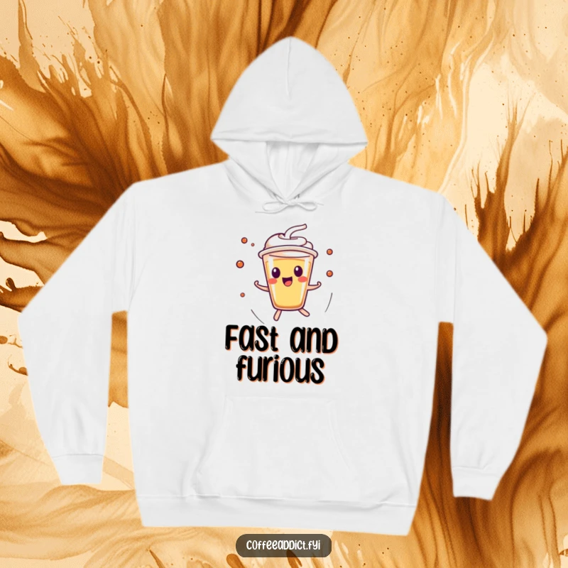 Funny Kawaii Espresso Shot Hoodie featuring a character zipping around excitedly, embodying speed, energy, and a love for espresso.