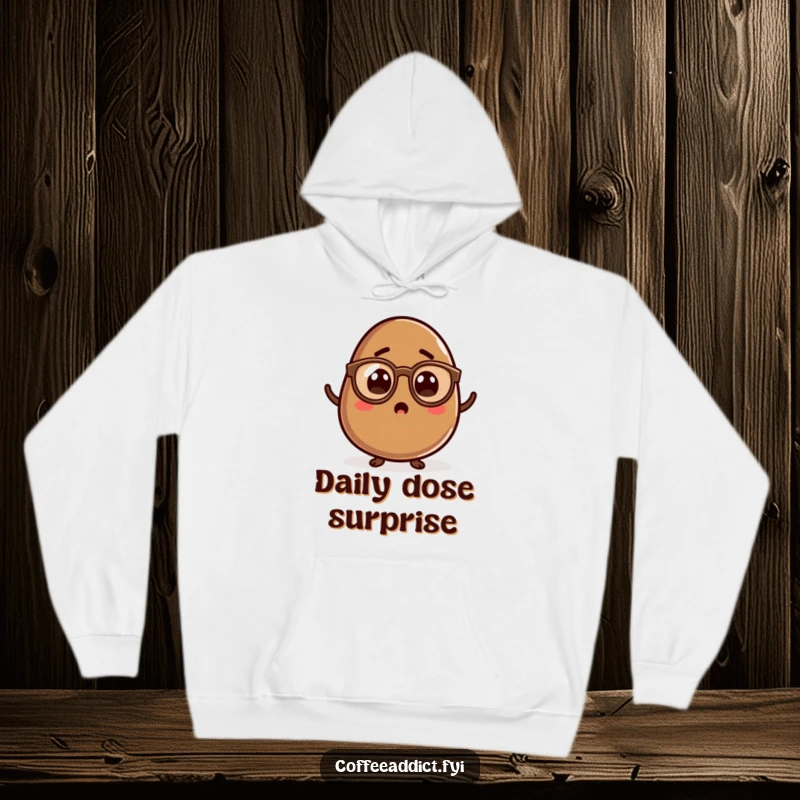 Funny Kawaii Coffee Bean Hoodie featuring a character in tiny spectacles looking surprised, perfect for cozy, humorous wear.