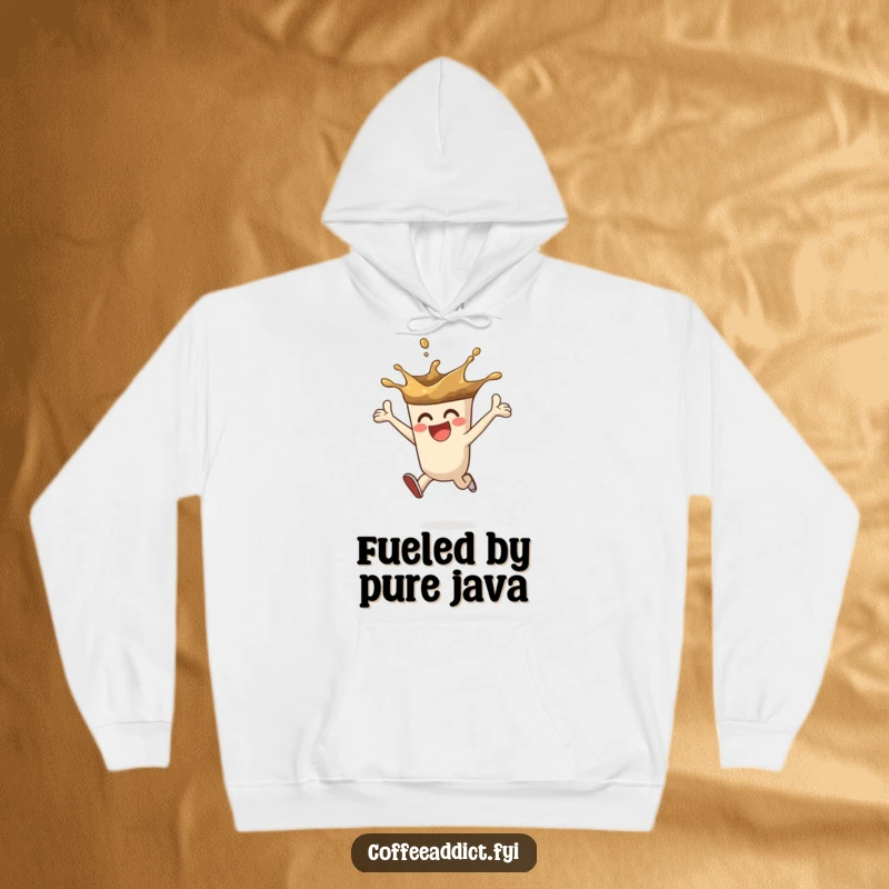 Funny hoodie featuring a coffee splash character leaping with enthusiasm, perfect for cozy wear and radiating energy.