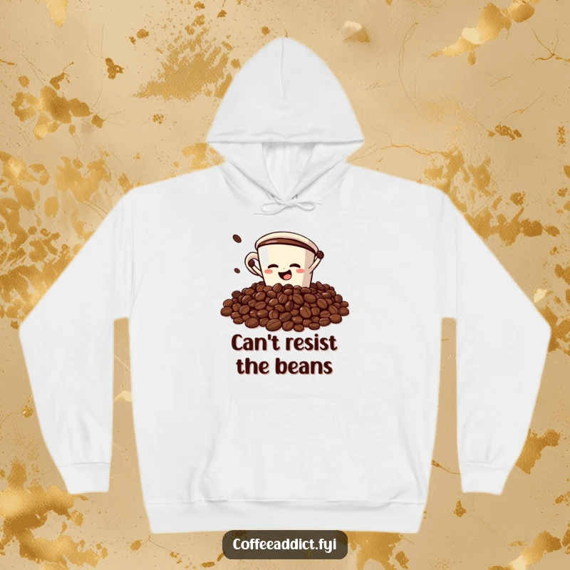 Funny Hoodie: Coffee cup character dramatically faceplanting into a pile of coffee beans, offering cozy comfort and comical humor.