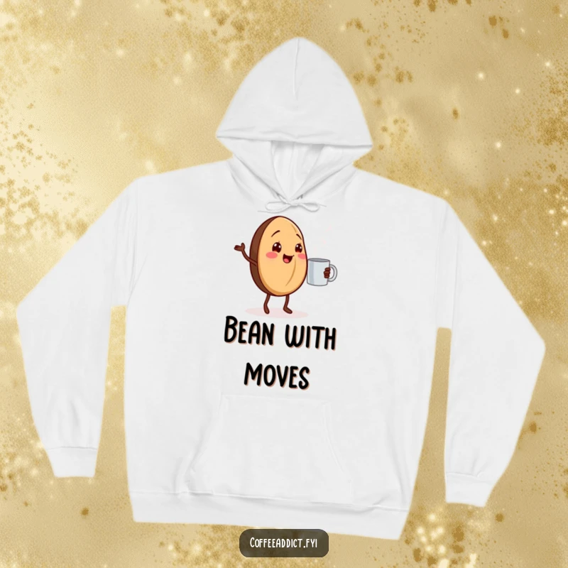 Funny coffee bean hoodie featuring a cheerful coffee bean dancing with a steaming mug of coffee.