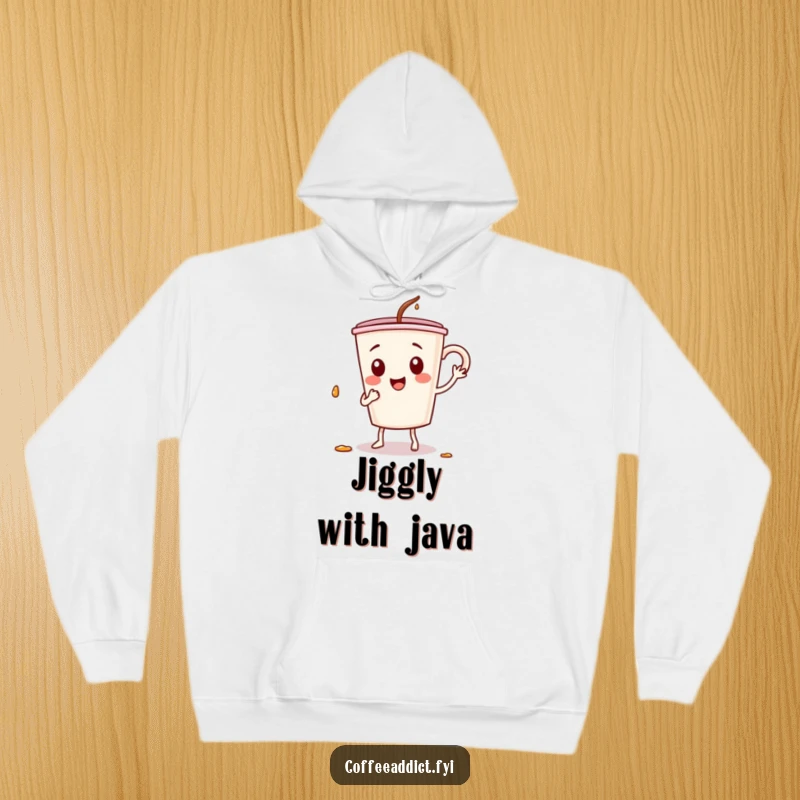 Funny hoodie illustrating a coffee cup character in a lively dance, playfully spilling some, embodying fun and caffeine.