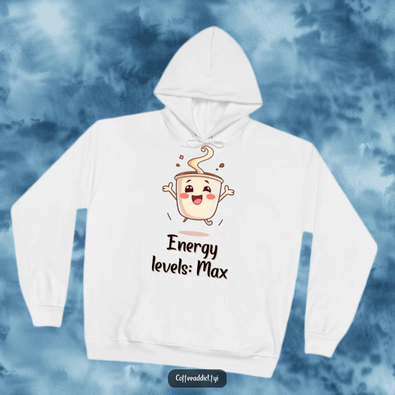 Funny excited coffee cup hoodie, steam rising, jumping for joy. Cozy and humorous apparel for coffee lovers, a great funny gift.