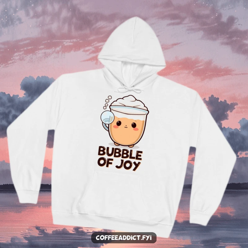 Funny Kawaii cappuccino hoodie featuring a character blowing a playful bubble of foam, perfect for staying cozy and cute.