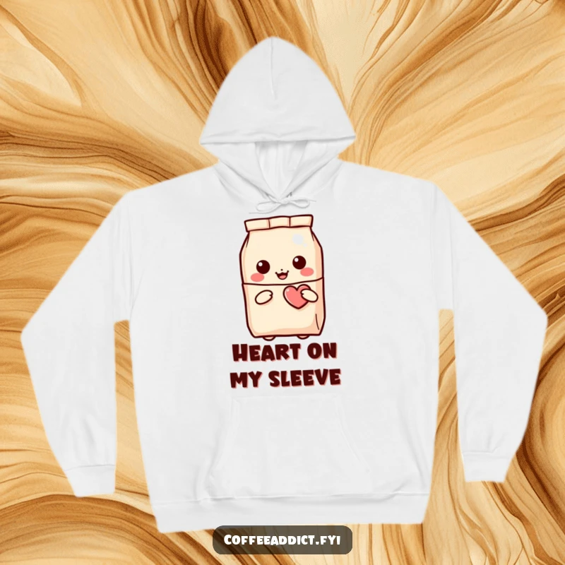Funny Kawaii Coffee Bag Hoodie with a character peeking out, holding a winking heart, perfect for cozy days.