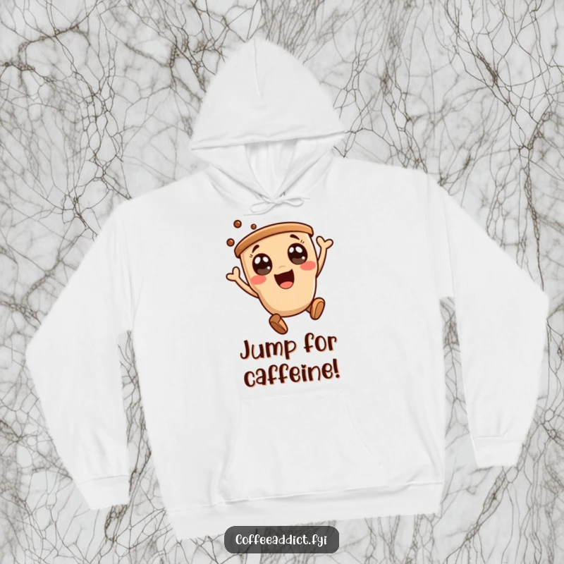 Funny hoodie featuring an adorable kawaii coffee character with excited eyes doing a happy, energetic leap.