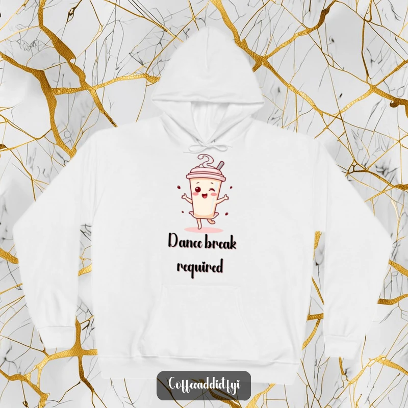 Funny Kawaii Coffee Stirrer Dancer Hoodie showcasing an energetic tiny character doing a joyful dance, ideal for chilly mornings.