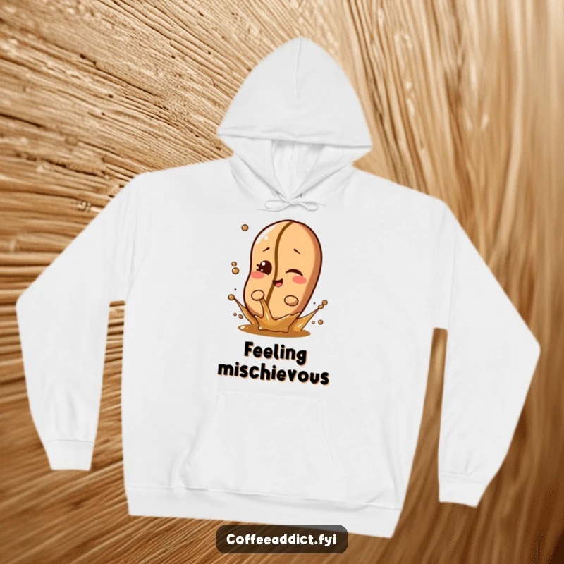 Funny coffee bean character winking slyly while splashing a tiny amount of liquid on a cozy hoodie, perfect for gifting.