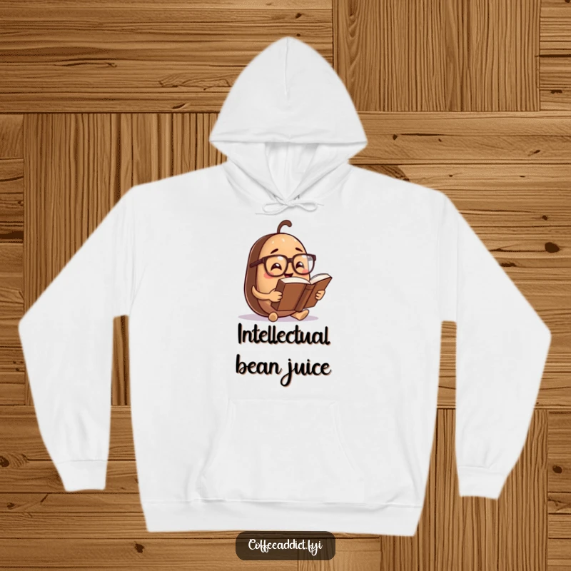 Funny Hoodie: Coffee bean character in spectacles, reading a massive book, offering cozy intellectual humor and warmth.