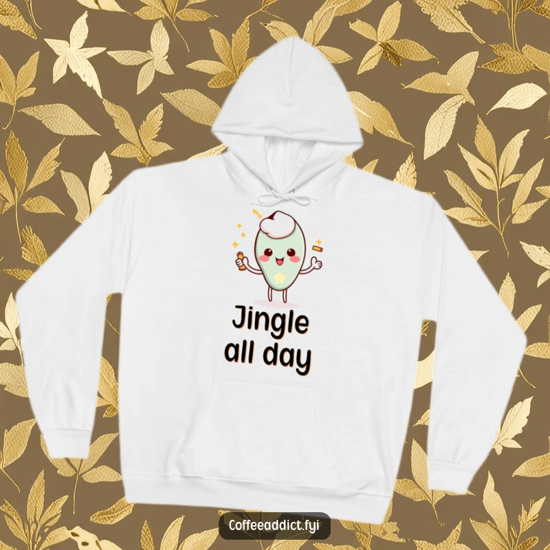 Funny Kawaii Coffee Spoon Hoodie featuring a character giving a delighted flourish with a tiny jingle, perfect for comfort.