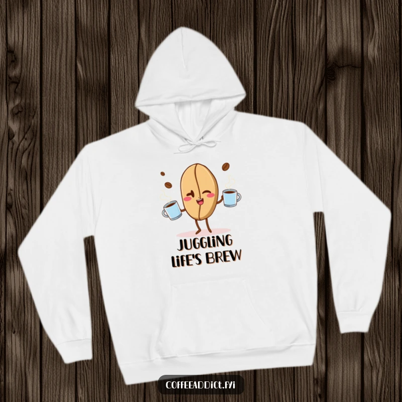 Funny warm hoodie showing a cheeky coffee bean winking while juggling steaming mugs, perfect for cozy, humorous moments.