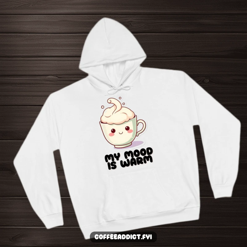 Funny Kawaii Teacup Hoodie: Adorable teacup character with a steam cloud forming a happy face, perfect for cozy, humorous wear for tea lovers.