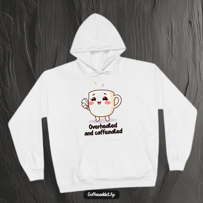 Funny cheerful coffee mug with rosy cheeks dramatically fanning itself, printed on a soft hoodie.