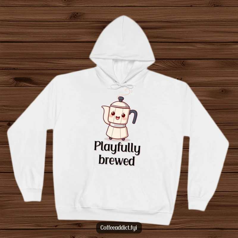 Funny hoodie featuring a steaming coffee pot character playfully tipping, perfect for cozy days and humorous moments.
