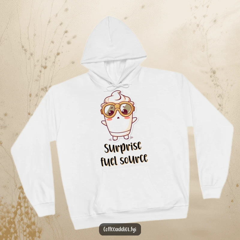 Funny hoodie featuring an adorable kawaii coffee cup character with oversized goggles, looking comically astonished, perfect for cozying up.