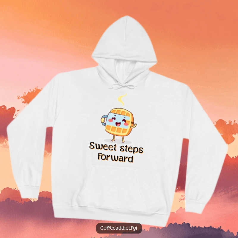 Funny hoodie with a joyful waffle tiptoeing gently while holding a steaming mug, perfect for relaxed days.