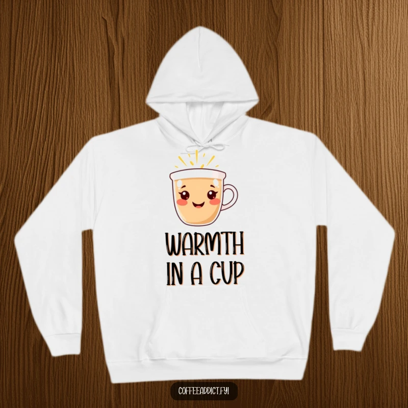 Funny Hoodie: Coffee cup character with a radiant smile, emanating warmth and happiness, offering cozy comfort and cheer.