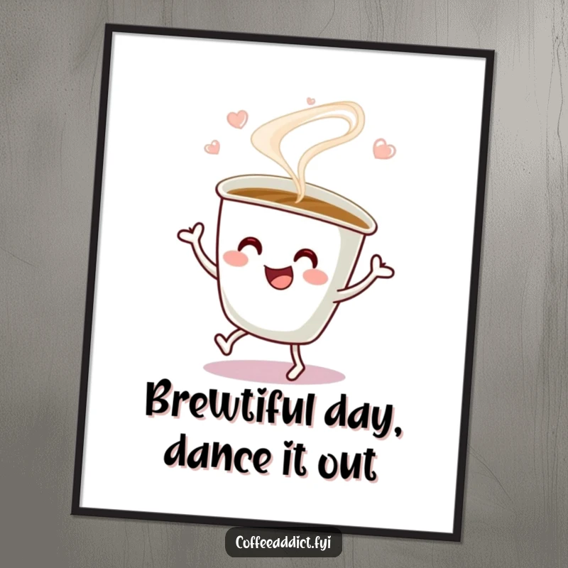 Funny Free Printable Wall Art: A coffee cup with steaming swirls dances a happy jig, bringing cheerful energy.