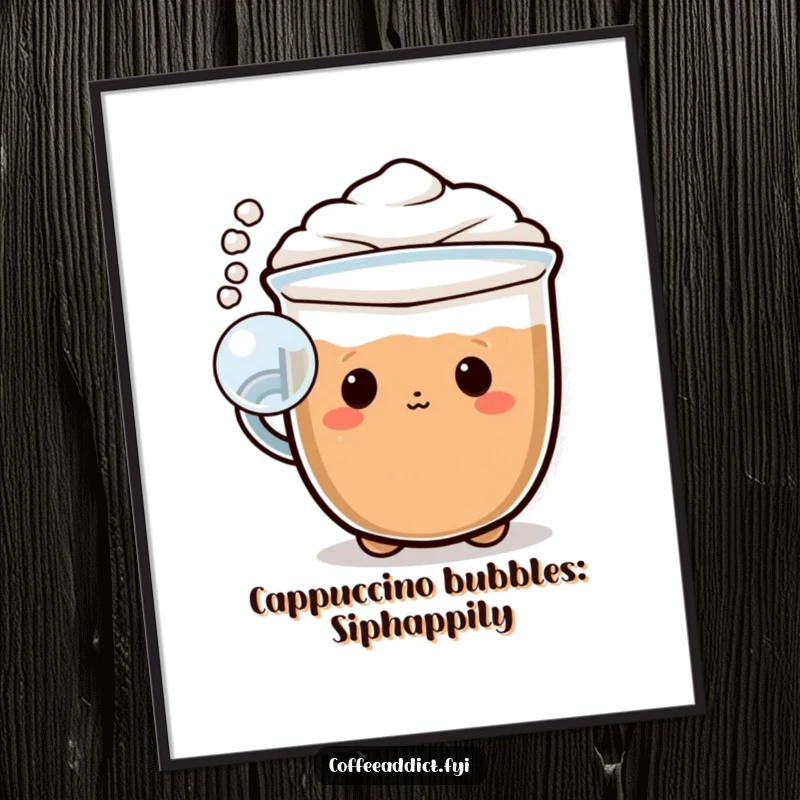 Funny Free Printable Wall Art: Kawaii cappuccino character blowing a playful bubble of foam, adding a touch of fun.