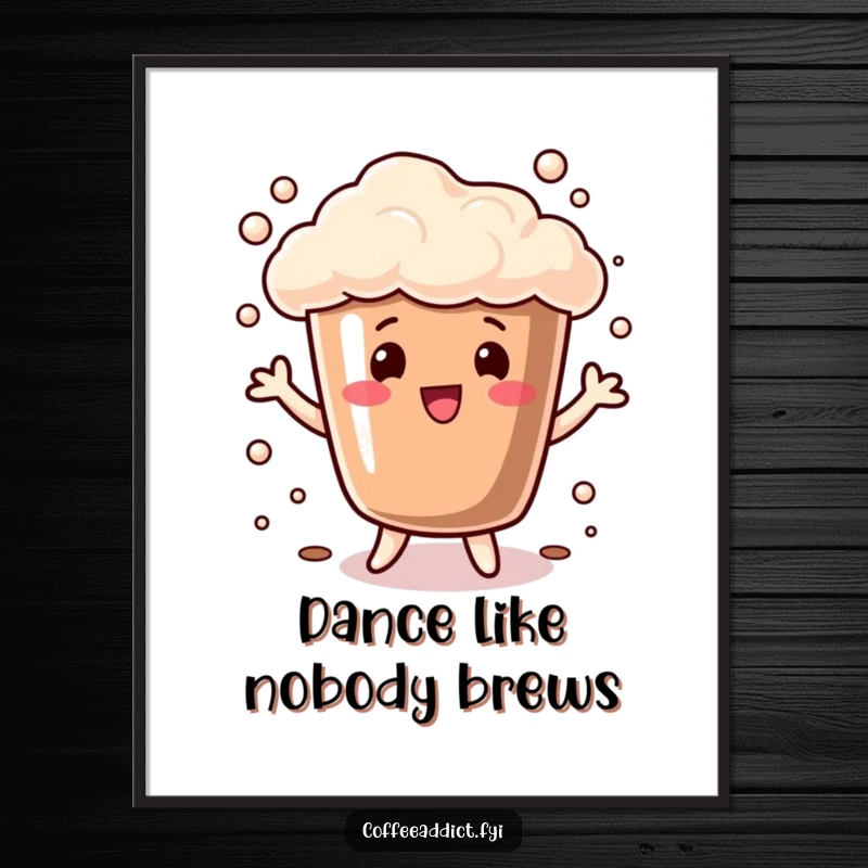 Funny Free Printable Wall Art: A cheerful coffee cup with abundant foam bustles in a playful dance, bringing joy.