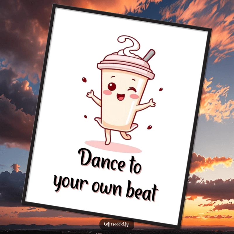 Funny Free Printable Wall Art: Kawaii coffee stirrer character twirling joyfully like a tiny dancer, adding a splash of fun.