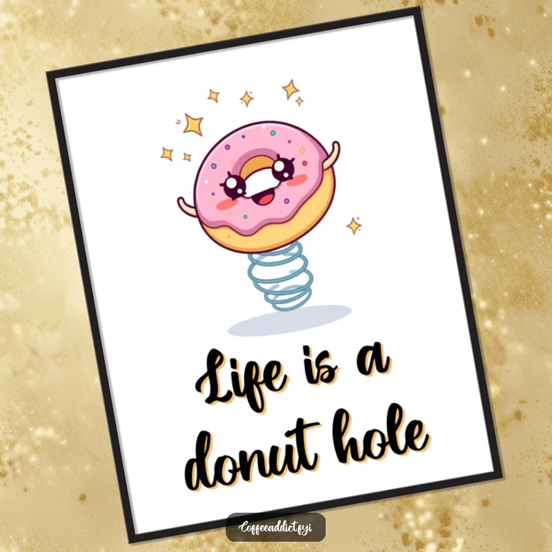Funny Free Printable Wall Art: A donut with starry eyes bounces enthusiastically on a spring, bringing a touch of whimsy.