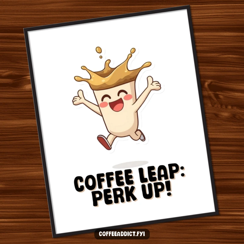 Funny Free Printable Wall Art: A coffee splash character leaping high with intense enthusiasm. Dynamic downloadable art for coffee lovers.