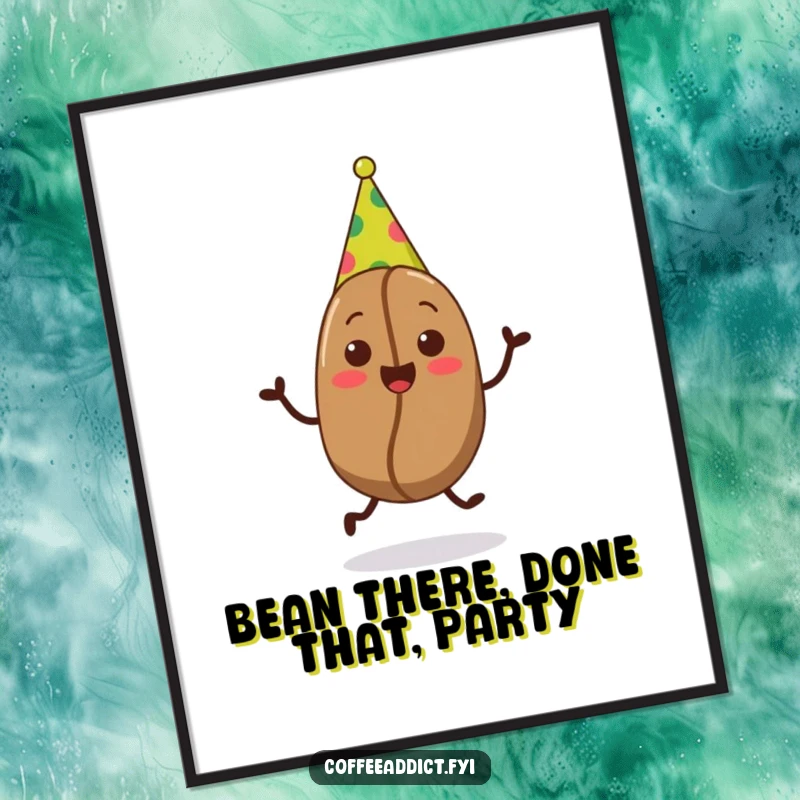 Funny Free Printable Wall Art: A coffee bean sports a party hat and dances a happy jig.