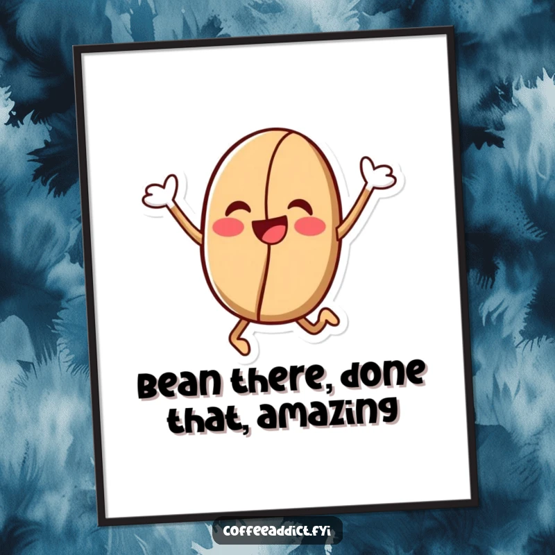 Funny Free Printable Wall Art: Kawaii coffee bean character in a jubilant leap, a downloadable piece of energetic and cheerful art.