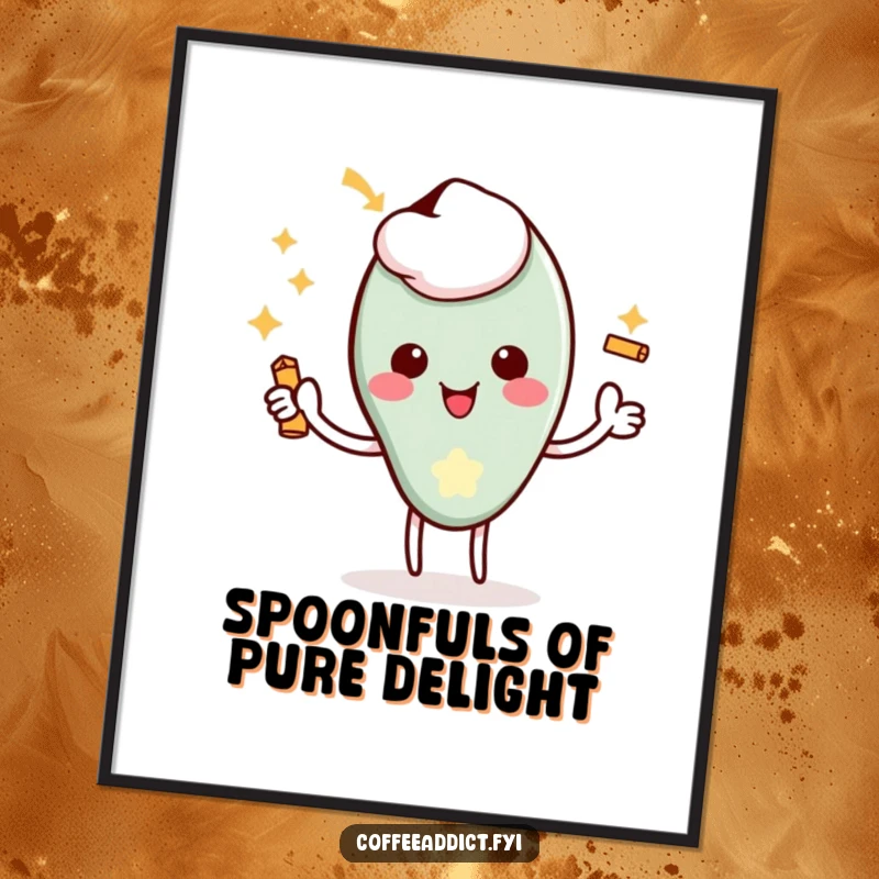 Funny Free Printable Wall Art: Kawaii coffee spoon character giving a delighted flourish with a tiny jingle, adding charm.