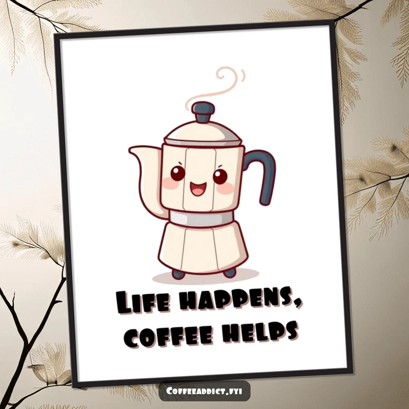 Funny Free Printable Wall Art: A steaming coffee pot character is tipping sideways in a mischievous, playful manner.